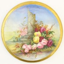 A 19thC roundel in the manner of Derby with hand painted decoration depicting an Italian landscape