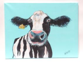 A 21st century acrylic on canvas depicting a Friesian cow. Signed lower right. Approx. 18" x 24"