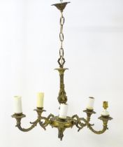 A five branch pendant electrolier of chandelier form with acanthus scroll detail. Approx. 18" long