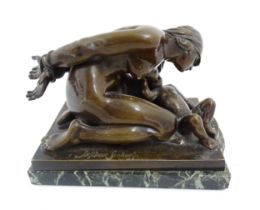 An early 20thC Scandinavian bronze figure group, Captive Mother after Stephan Abel Sinding. Cast