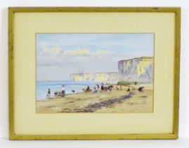20th century, Oil on board, An Impressionist seaside scene with figures on the beach. Approx. 6 3/4"