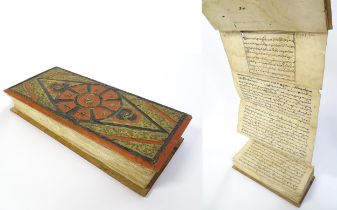 Book: A Burmese / Shan folding book / manuscript (pap top) with lacquered wooden boards decorated