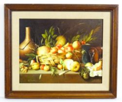Artemis, 20th century, Oil on panel, A still life study with fruit in a basket, a bottle vase /