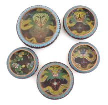 Five assorted Oriental cloisonne bowls, four decorated with dragons and flaming pearl detail, the