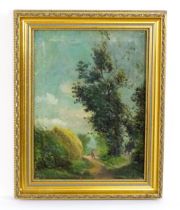 20th century, Oil on canvas laid on board, A country lane with a figure walking. Approx. 15 1/2" x