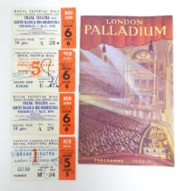A 20thC London Palladium theatre programme. Together with four Royal Festival Hall tickets for Frank