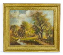 20th century, Oil on canvas, A wooded landscape with a wooden bridge over a stream. Approx. 15 1/