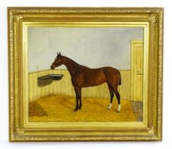 19th century, English School, Oil on canvas, A portrait of a brown horse in a stable. Signed with