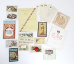 A quantity of assorted ephemera to include early 20thC greetings cards, a 20thC first class menu