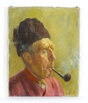 Tilla Terwindt (1890-1981), Dutch School, Oil on canvas, A portrait of a man smoking a pipe.