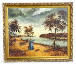 Audrey Foskett, 20th century, Oil on canvas, A river landscape with a young couple on a path. Signed