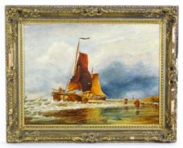 Early 20th century, Oil on board, Brining in the Catch, A beach scene with fishing boats and