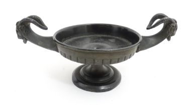 A 20thC cast tazza of kylix form with twin handles modelled as goat heads. Approx. 3 1/2" high