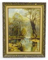 19th century, Oil on canvas, A wooded river landscape with a pied stilt style bird on the banks.