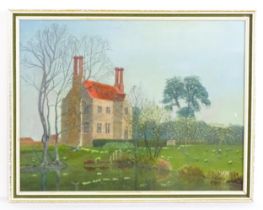 20th century, English School, Oil on board, A naive / folk art depiction of a country house and