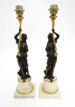 A pair of 19thC table lamps formed as Classical maidens mounted on turned marble plinths. Approx. 21