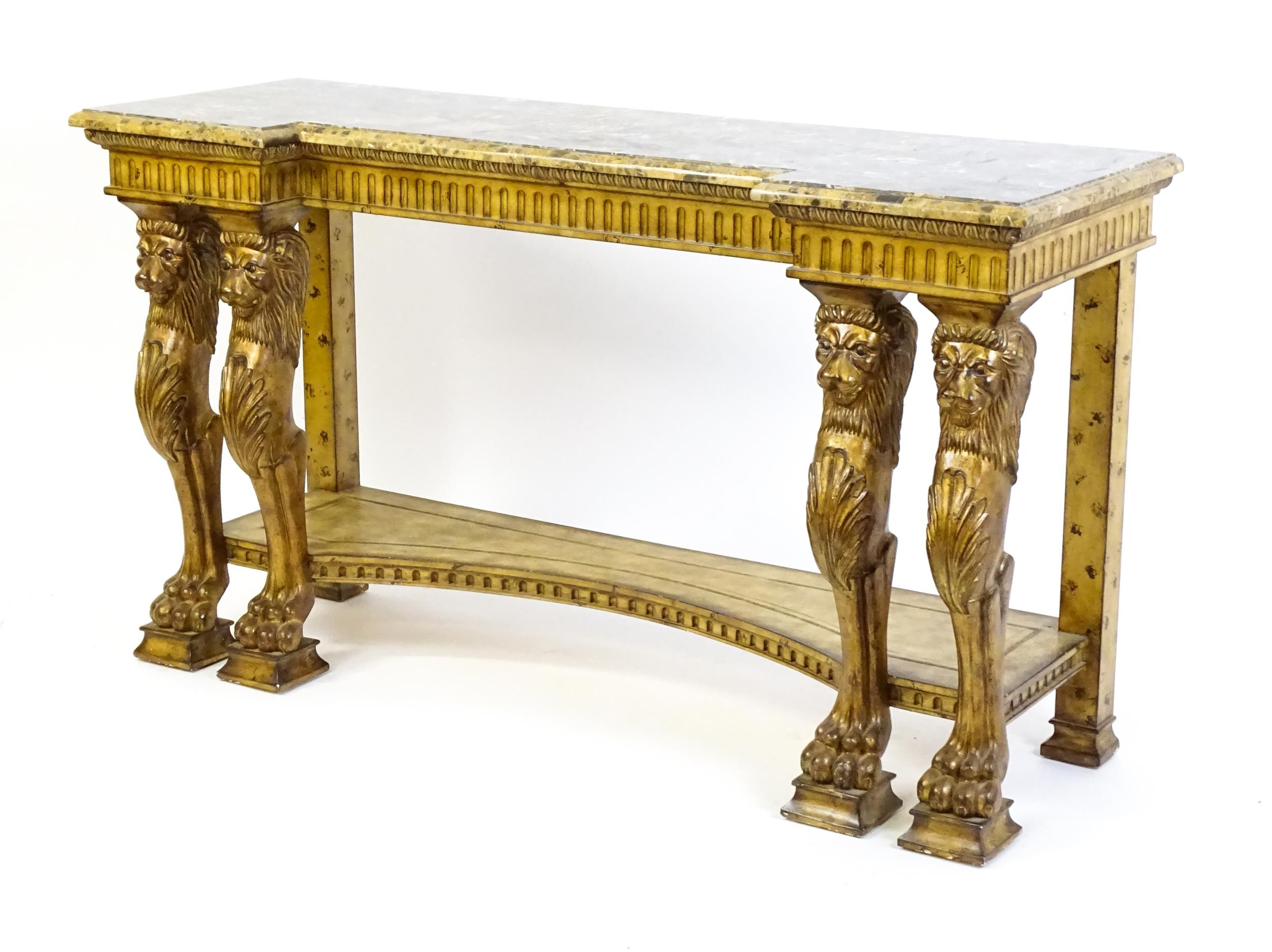 A late 20thC marble and wooden topped inverted break front console table with two pairs of lion - Image 5 of 10