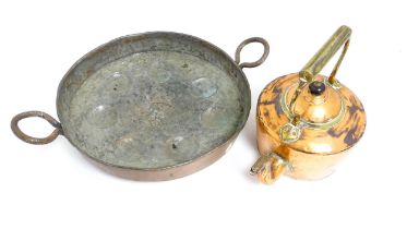 A 19thC twin handled copper escargot pan. Together with a copper and brass kettle. Pan approx. 21
