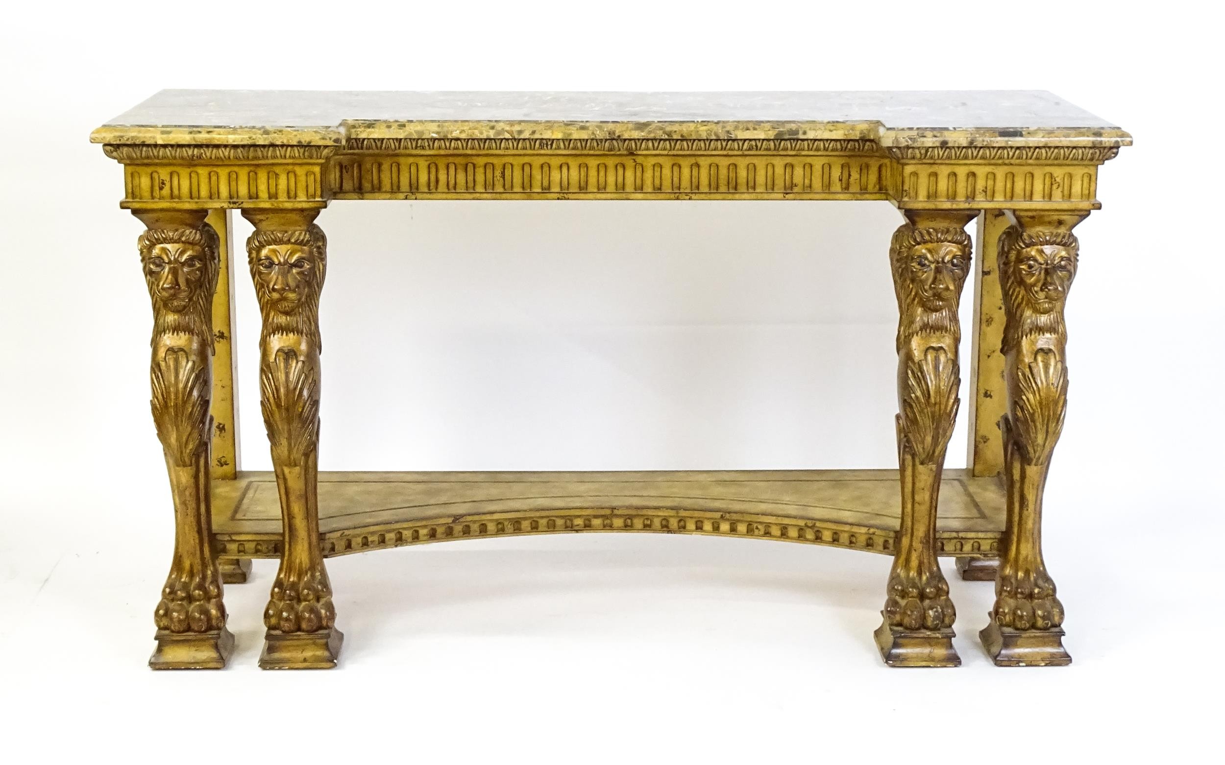 A late 20thC marble and wooden topped inverted break front console table with two pairs of lion - Image 4 of 10
