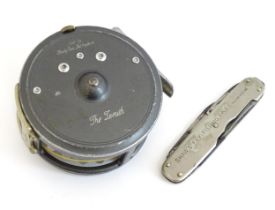 A Hardy Bros. Zenith centrepin fishing reel, approx 3 3/8" in diameter, together with a Shaw's Fly-