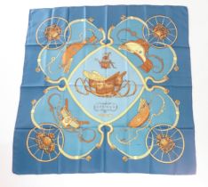 Vintage fashion / clothing: A Hermes teal, blue and gold 'Springs' silk scarf with carriage