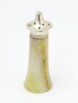 A silver pepper with agate body, hallmarked London 1909, maker Henry Griffith & Sons. Approx. 3 1/2"