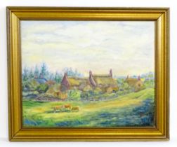 F. Thomas, 20th century, Oil on canvas, A country scene with cattle grazing and village beyond.