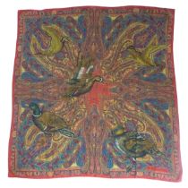 Vintage fashion / clothing: A wine coloured paisley print silk scarf with bird decoration, titled '
