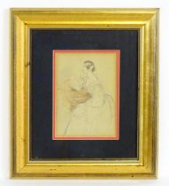 19th century, Pencil on paper, A portrait of a seated lady with her arm resting on a cushion. 6 3/4"