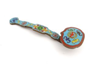 A small Chinese cloisonne ruyi sceptre with enamel decoration depicting stylised bats and auspicious