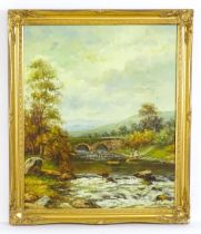 K. Lytton, 20th century, Oil on canvas, A river landscape scene with stone arch bridge and woman and