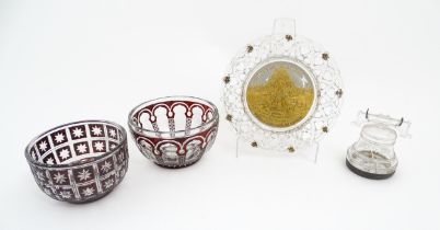 Assorted glassware to include bohemian cut glass bowls with ruby coloured detail, a glass plate with