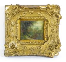 19th century, Oil on board, A miniature landscape scene depicting figures resting on a path. Approx.