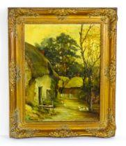 Figgures, 20th century, Oil on canvas board, A village lane with chickens. Signed lower left.