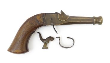 Militaria : a 19thC Belgian percussion pistol, the single-piece brass action and octagonal '