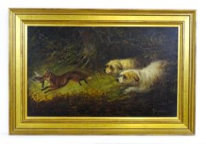 George Armfield (1808-1893), Oil on canvas, Two terrier dogs chasing a fox with a pheasant. Signed