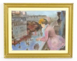 After Charles Leroy Saint Aubert, 20th century, Pastel on paper, A lady on a balcony above the