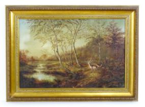 19th century, Oil on canvas, A wooded river landscape with three deer, a stag, doe and fawn. Approx.
