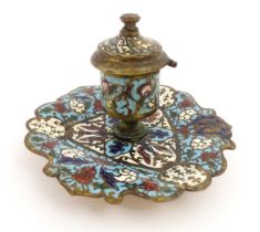 A 20thC inkwell with champleve enamel decoration. Possibly Russian. Approx. 3" high Please Note - we