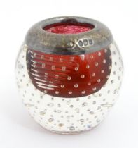 A silver mounted glass match striker / vesta keep with red glass and bubble detail. Hallmarked