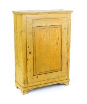 A 19thC pine cupboard with a moulded top above a single panelled door and raised on four bracket