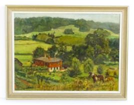 Jean-Louis Faure, 20th century, Oil on canvas, A Surrey landscape with a house, ponies, resting