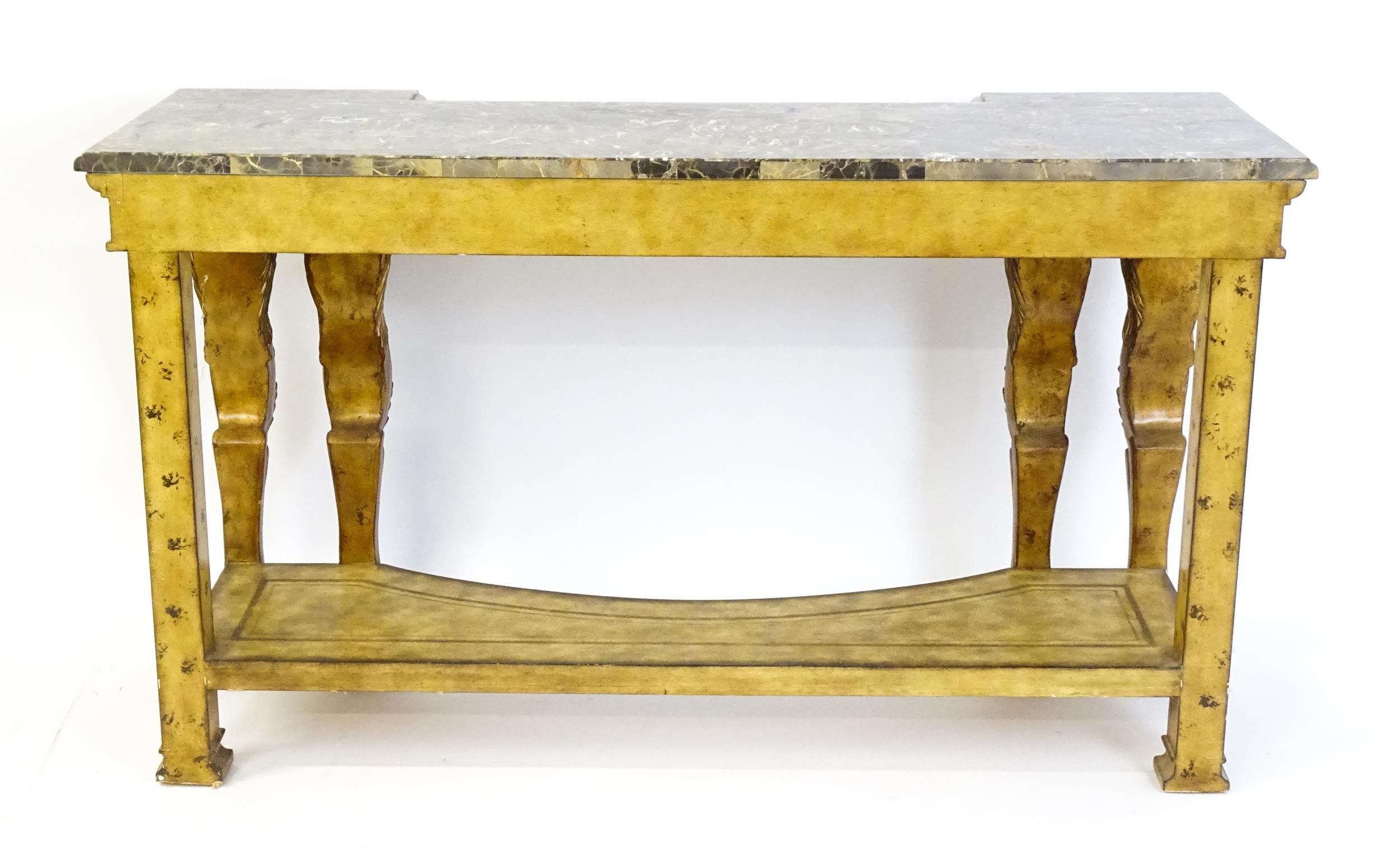 A late 20thC marble and wooden topped inverted break front console table with two pairs of lion - Image 10 of 10