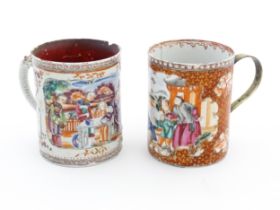Two Chinese export famille rose tankards / mugs with figural decoration and floral borders.
