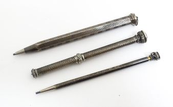 Three silver / silver plate propelling pencils to include one hallmarked London 1936, maker Wahl