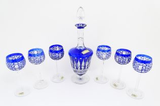 Saint Louis Crystal : Six blue / clear cut crystal hock glasses together with an associated blue /