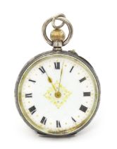 A Continental silver fob watch with import marks for Chester 1910, with white enamel dial and