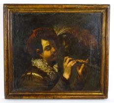 Follower of Caravaggio, Oil on canvas, The Flutist, A portrait of a man playing a flute / pipe