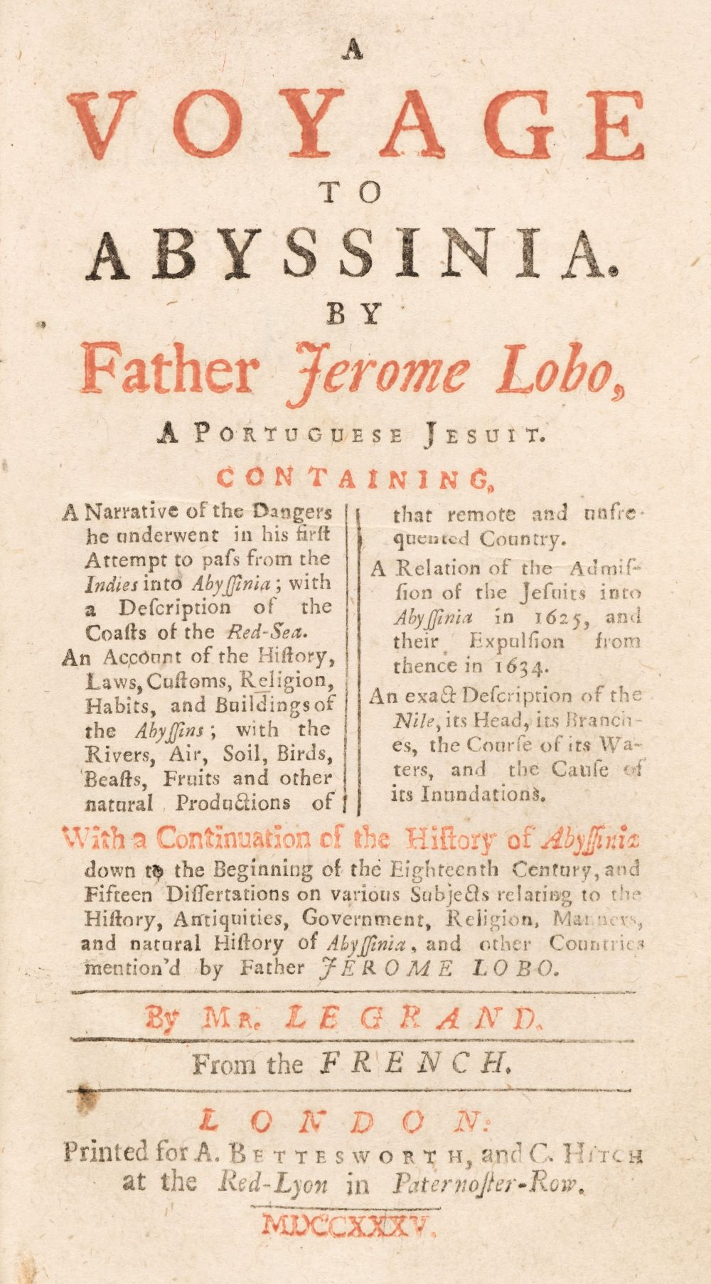 Johnson, Samuel, translator. A Voyage to Abyssinia by Fathaer Lobo, 1735