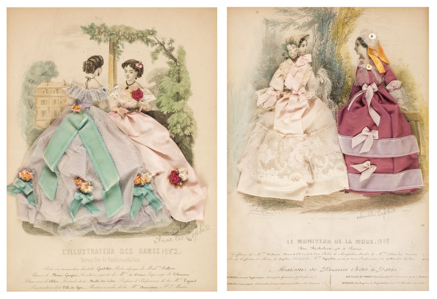Decoupage. Two French Fashion prints overlaid with Material, circa 1850